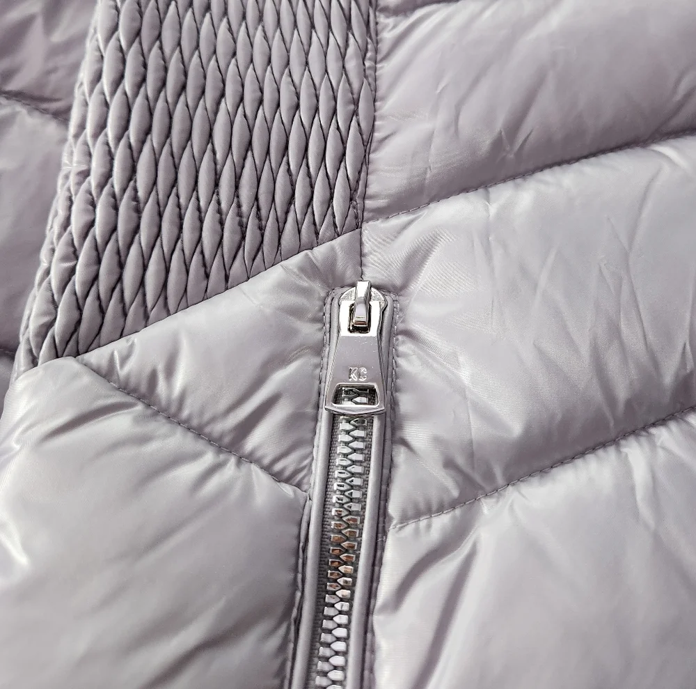 Silver Quilted Puffer Jacket with Faux Fur Hood